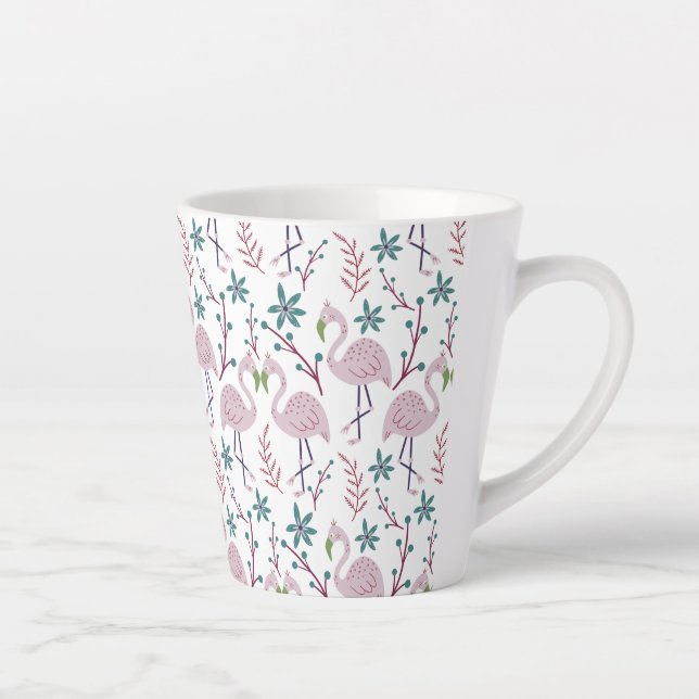 Pink flamingo seamless pattern on white background latte mug (Right)