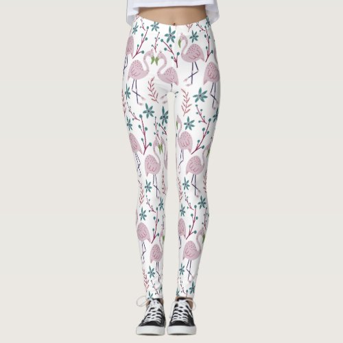 Pink flamingo seamless pattern on white background leggings