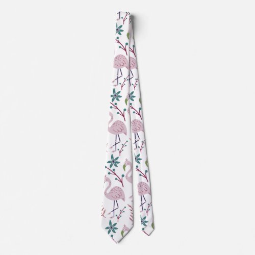 Pink flamingo seamless pattern on white background neck tie