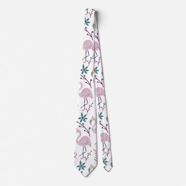 Pink flamingo seamless pattern on white background neck tie (Front)