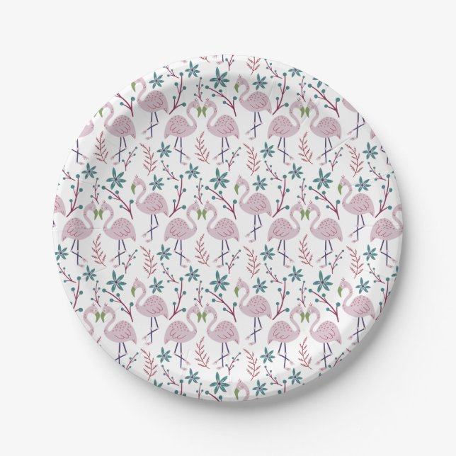 Pink flamingo seamless pattern on white background paper plates (Front)