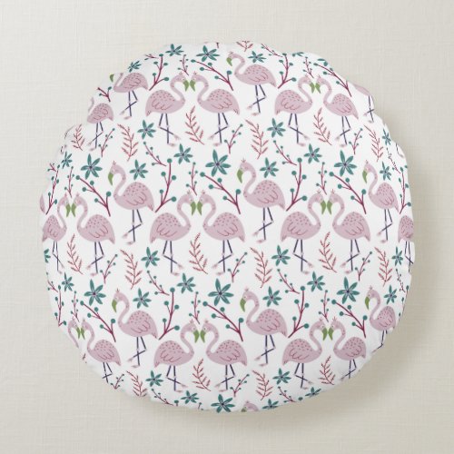Pink flamingo seamless pattern on white background round pillow