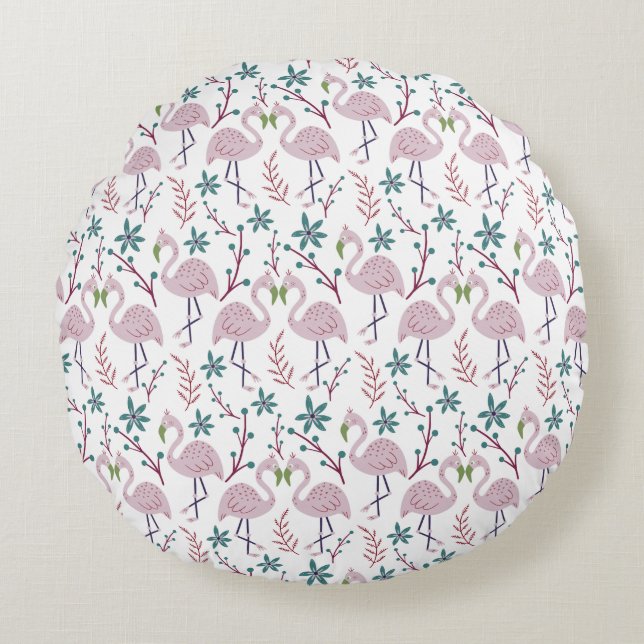 Pink flamingo seamless pattern on white background round pillow (Front)