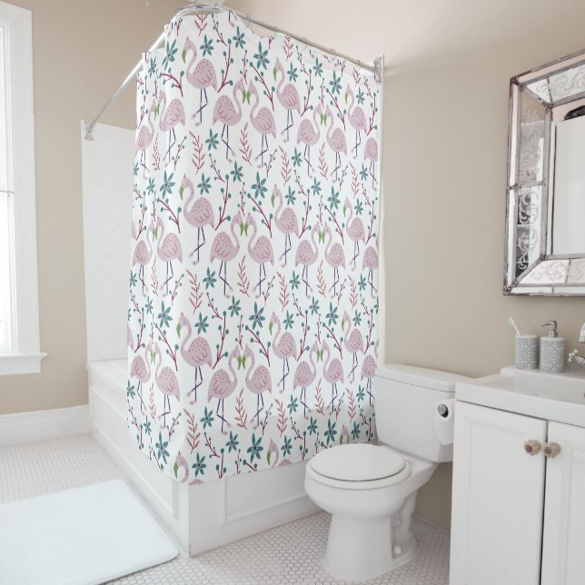 Pink flamingo seamless pattern on white background shower curtain (In Situ)