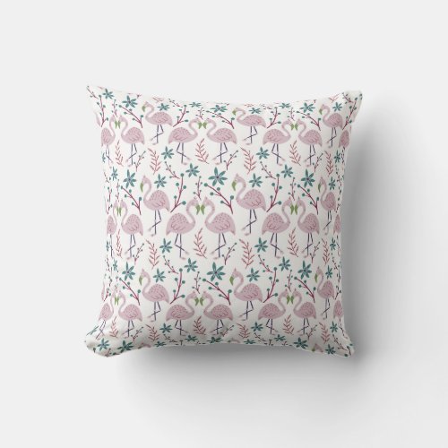 Pink flamingo seamless pattern on white background throw pillow