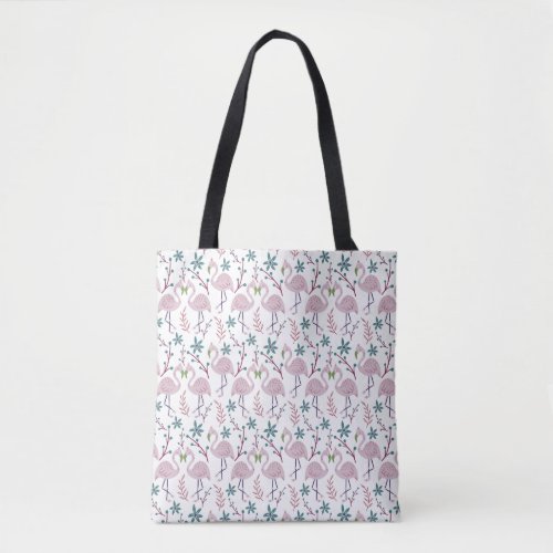 Pink flamingo seamless pattern on white background tote bag