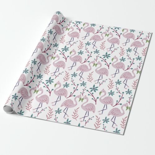 Pink flamingo seamless pattern on white background wrapping paper