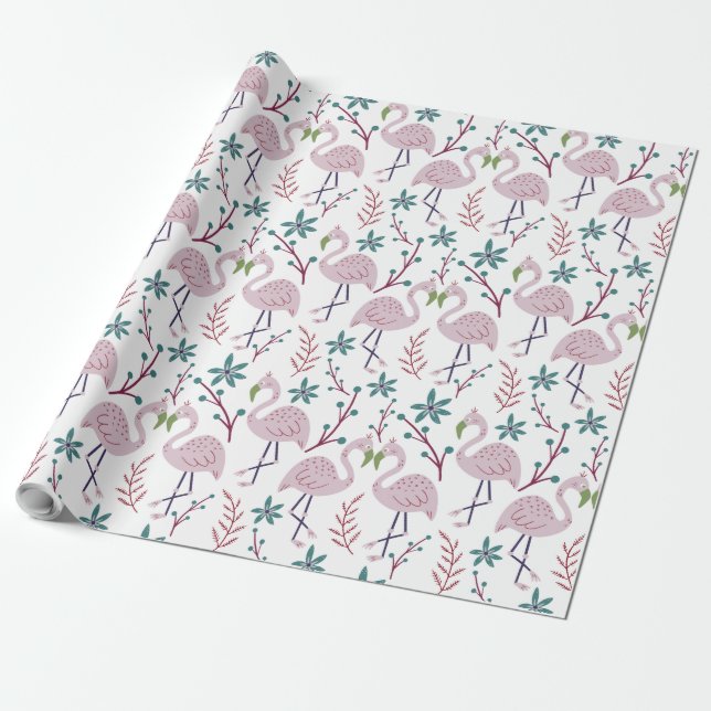 Pink flamingo seamless pattern on white background wrapping paper (Unrolled)