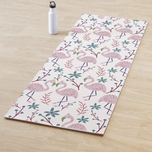 Pink flamingo seamless pattern on white background yoga mat