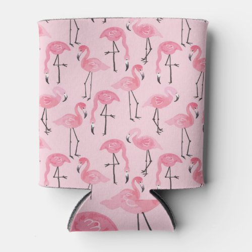 Pink Flamingo Set Tropical Summer Pattern Can Cooler