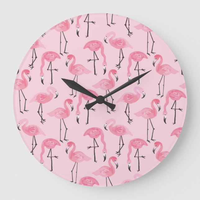 Pink Flamingo Set, Tropical Summer Pattern. Large Clock (Front)