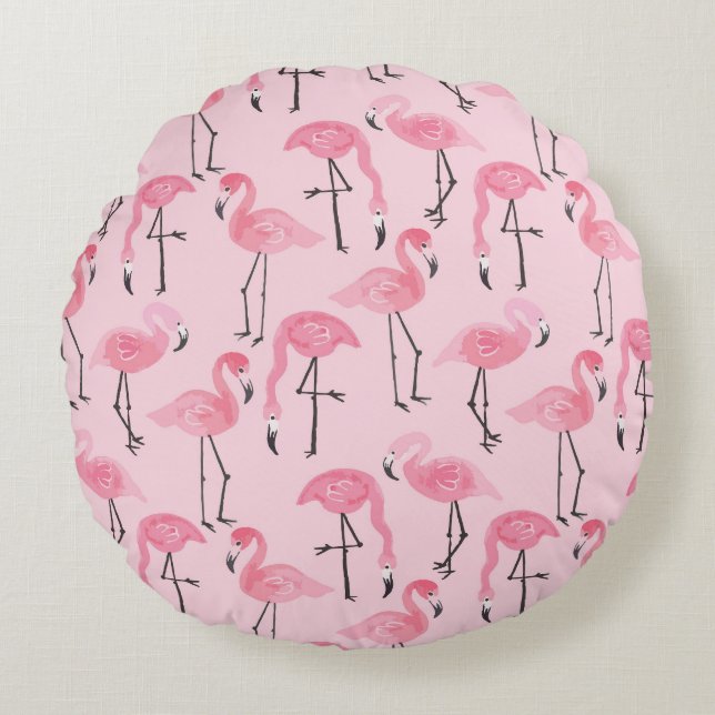 Pink Flamingo Set, Tropical Summer Pattern. Round Pillow (Front)