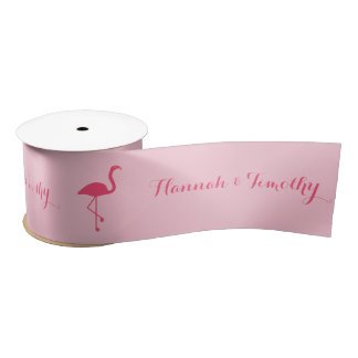 Pink Flamingo Silhouette With Custom Names Wedding Satin Ribbon