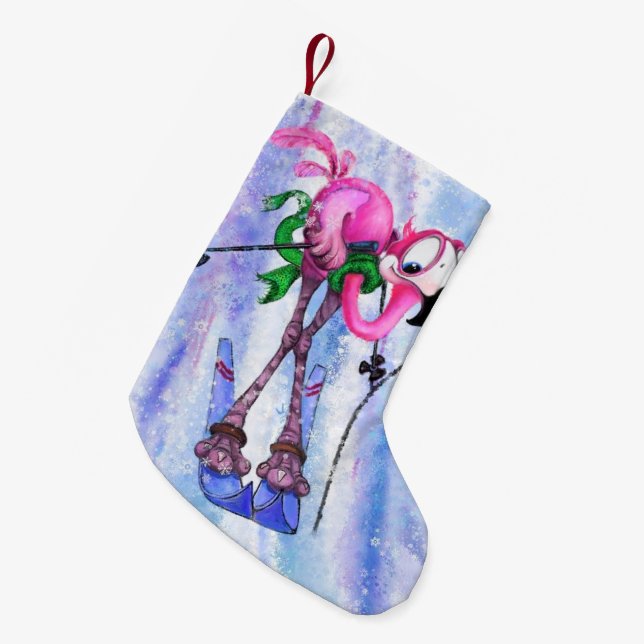 Pink Flamingo Skier Christmas Stocking Cartoon (Front (Hanging))