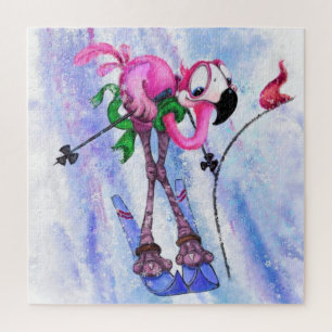 Pink Flamingo Skier Jigsaw Puzzle Cartoon
