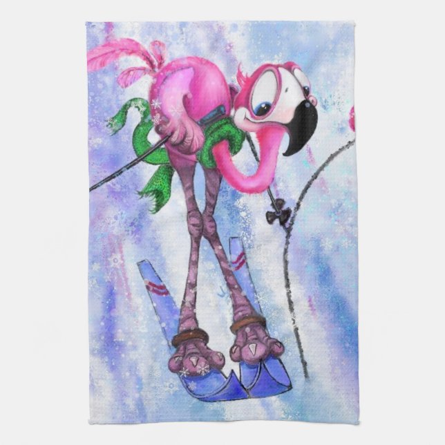 Pink Flamingo Skier Kitchen Towel - Fun Painting (Vertical)