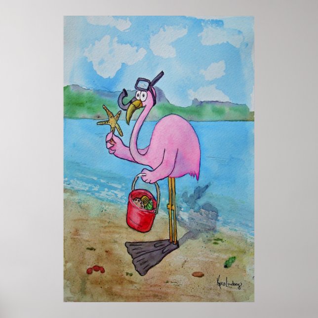 Pink Flamingo Snorkle Scuba Beach Whimsical Poster (Front)