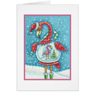 PINK FLAMINGO SNOWGLOBE, CHRISTMAS GREETING CARD B