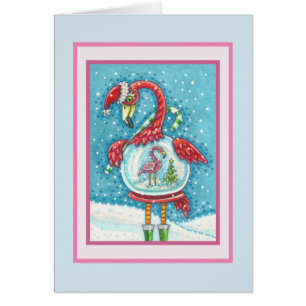 PINK FLAMINGO SNOWGLOBE, CHRISTMAS GREETING CARD B