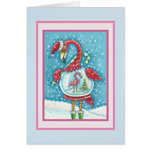PINK FLAMINGO SNOWGLOBE CHRISTMAS GREETING CARD B
