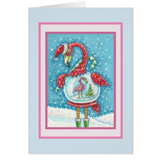 PINK FLAMINGO SNOWGLOBE, CHRISTMAS GREETING CARD B (Front)