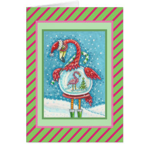 PINK FLAMINGO SNOWGLOBE, CHRISTMAS GREETING CARD V