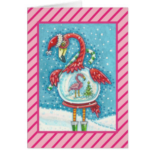 PINK FLAMINGO SNOWGLOBE, CHRISTMAS GREETING CARD V