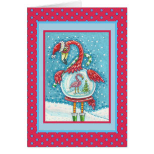 PINK FLAMINGO SNOWGLOBE, CHRISTMAS GREETING CARD V