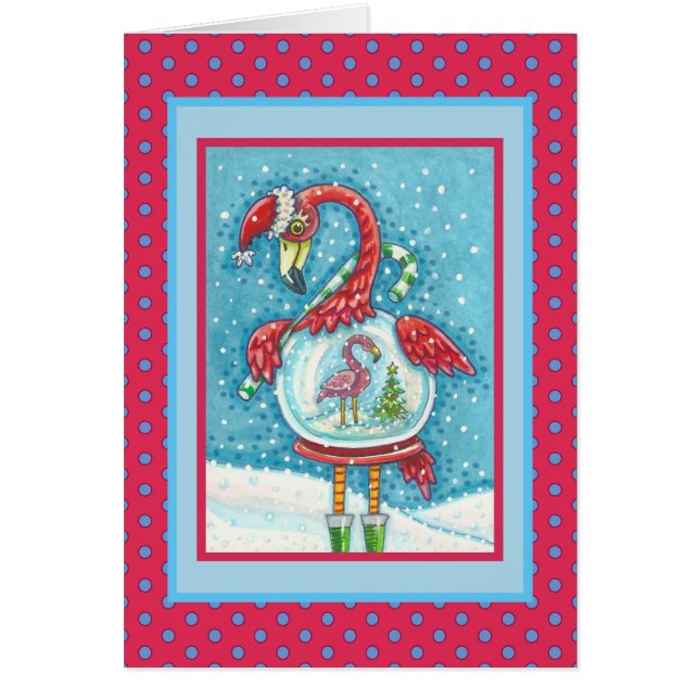 PINK FLAMINGO SNOWGLOBE, CHRISTMAS GREETING CARD V (Front)