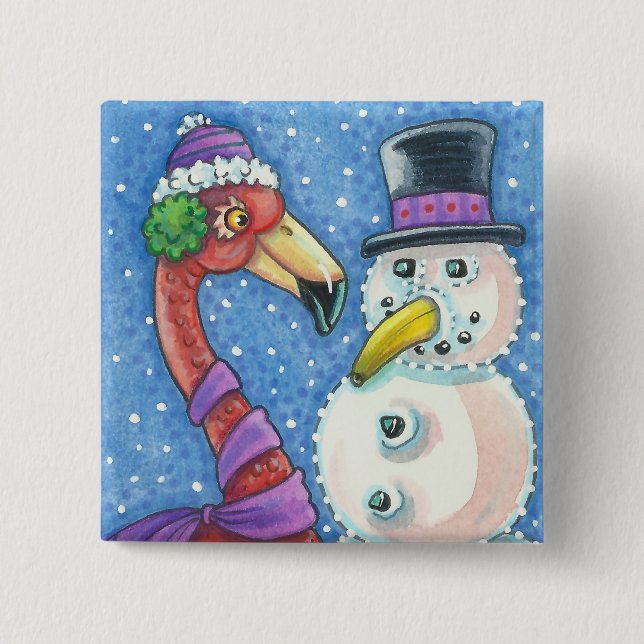 PINK FLAMINGO SNOWMAN CHRISTMAS BUTTON Square (Front)