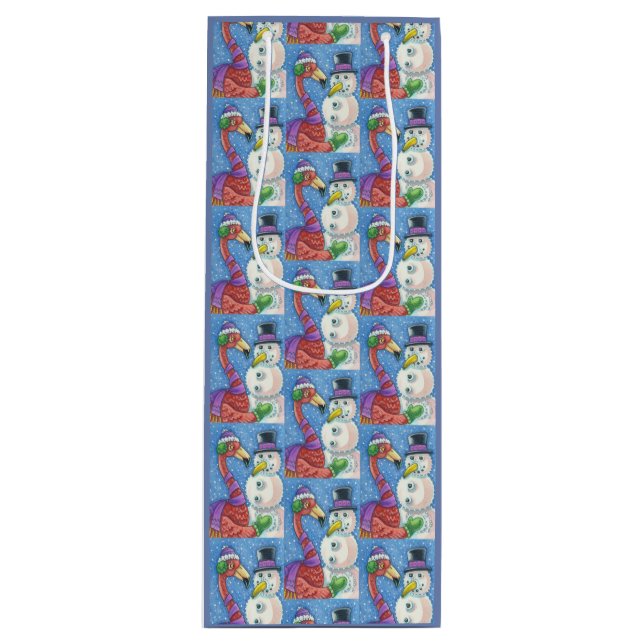 PINK FLAMINGO SNOWMAN CHRISTMAS GIFT BAG - WINE (Front)