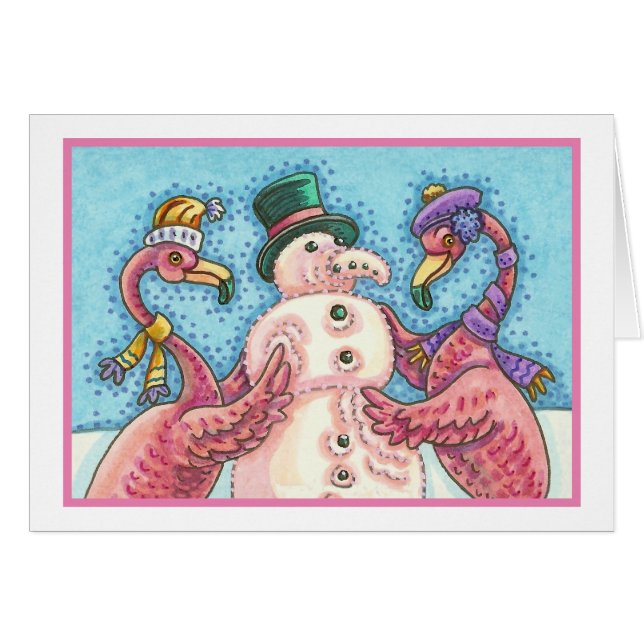 PINK FLAMINGO SNOWMAN, CHRISTMAS GREETING CARD B (Front Horizontal)