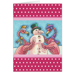 PINK FLAMINGO SNOWMAN, CHRISTMAS GREETING CARD V