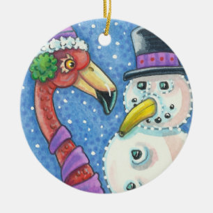 PINK FLAMINGO SNOWMAN CHRISTMAS ORNAMENT Round