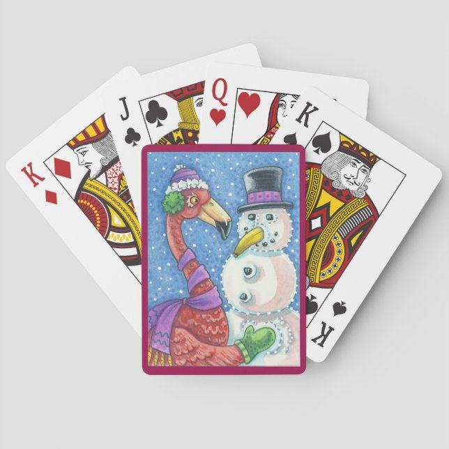 Pink Flamingo Snowman CHRISTMAS PLAYING CARDS (Back)