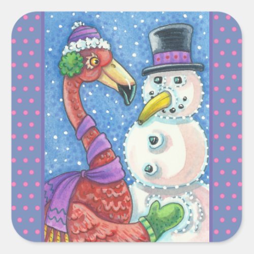PINK FLAMINGO SNOWMAN CHRISTMAS STICKERS Square