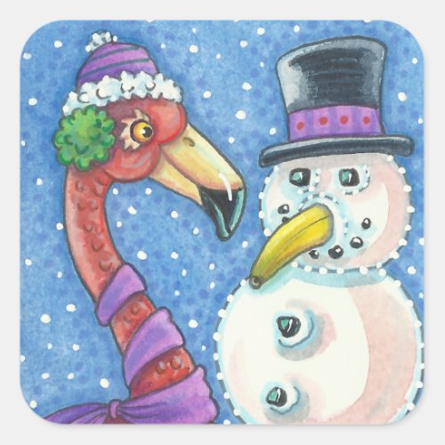 PINK FLAMINGO SNOWMAN CHRISTMAS STICKERS Square