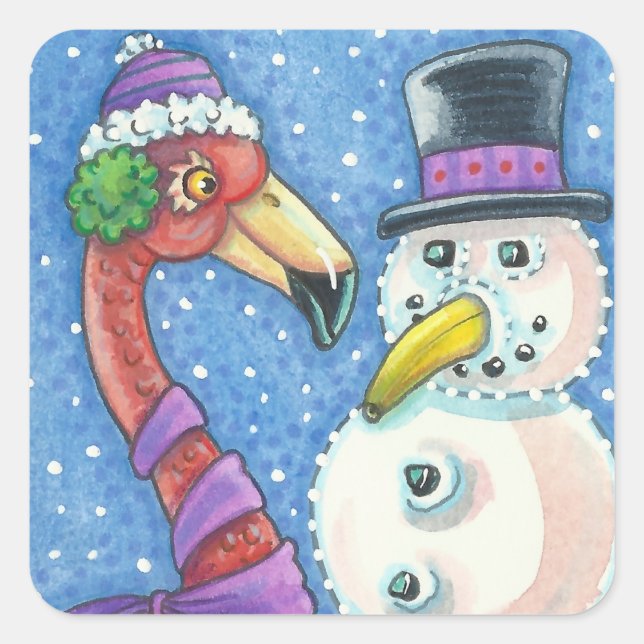 PINK FLAMINGO SNOWMAN CHRISTMAS STICKERS Square (Front)