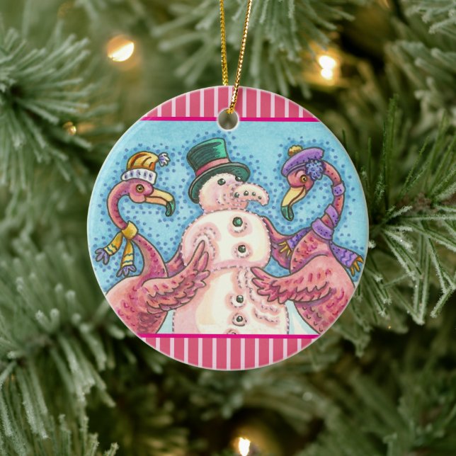 PINK FLAMINGO SNOWMAN, FUNNY CHRISTMAS BIRDS CERAMIC ORNAMENT (Tree)