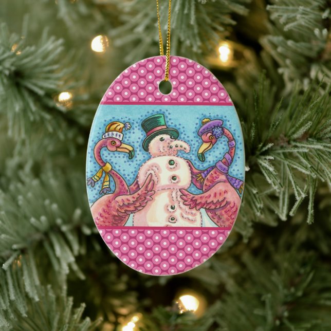 PINK FLAMINGO SNOWMAN, FUNNY CHRISTMAS SNOW BIRD CERAMIC ORNAMENT (Tree)