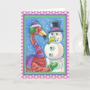 PINK FLAMINGO SNOWMAN HOLIDAY GREETING CARD Verse