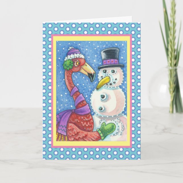 PINK FLAMINGO SNOWMAN HOLIDAY GREETING CARD Verse (Front)
