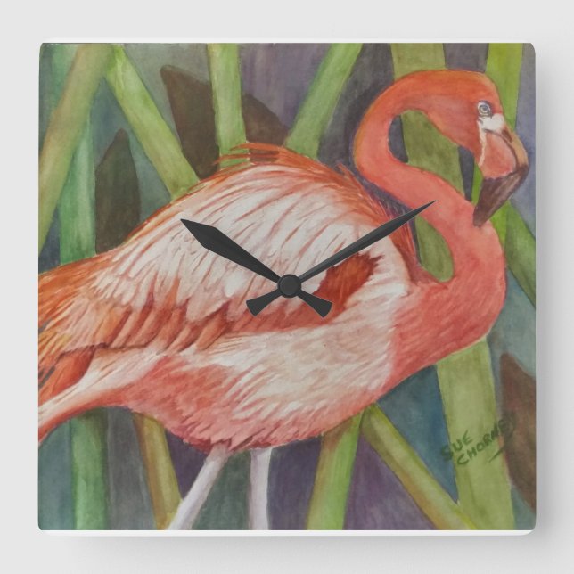 PINK FLAMINGO SQUARE WALL CLOCK (Front)