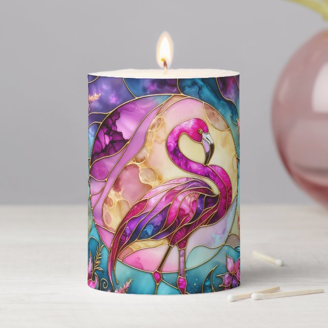 Pink Flamingo Stained Glass Mosaic Pillar Candle (In Situ)