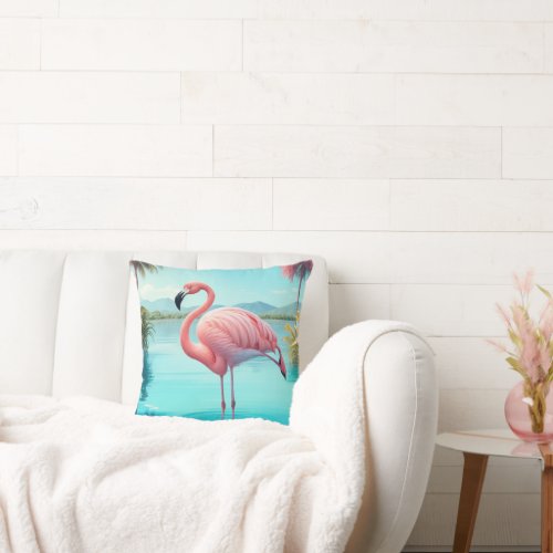 Pink flamingo Standing in a Serene Tropical Lake Throw Pillow