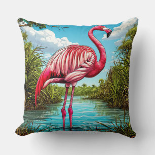 Pink Flamingo Standing in a Serene Tropical Throw Pillow