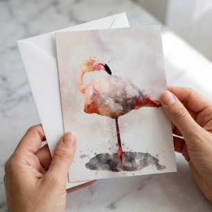 Pink Flamingo Standing in Watercolor Art Print Note Card