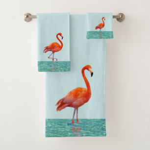 Pink Flamingo Standing on the Beach on Light Teal  Bath Towel Set