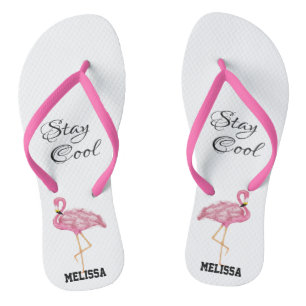 Pink Flamingo Stay Cool Summer Add Name Cute Fun Flip Flops
