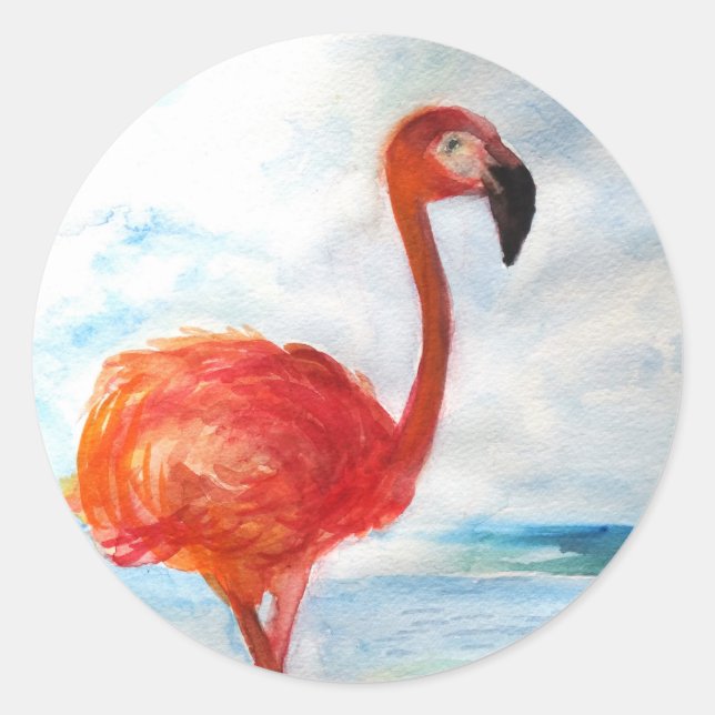 Pink Flamingo Sticker,Flamingo Watercolor Art Classic Round Sticker (Front)